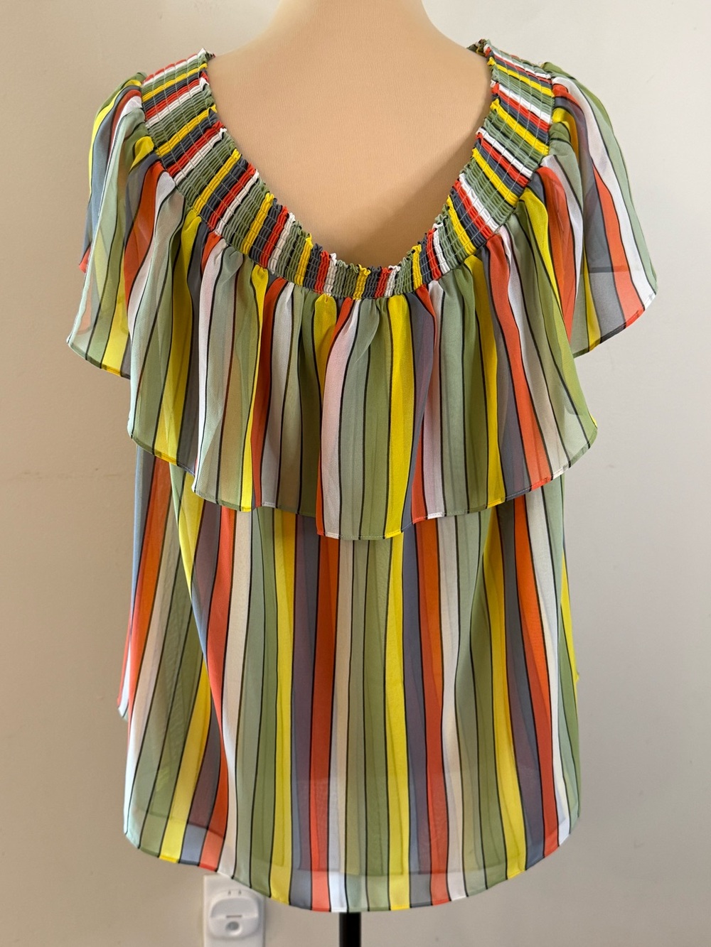 Cabi retro 70s striped top sleeveless ruffled overlay boho festival vacation XL